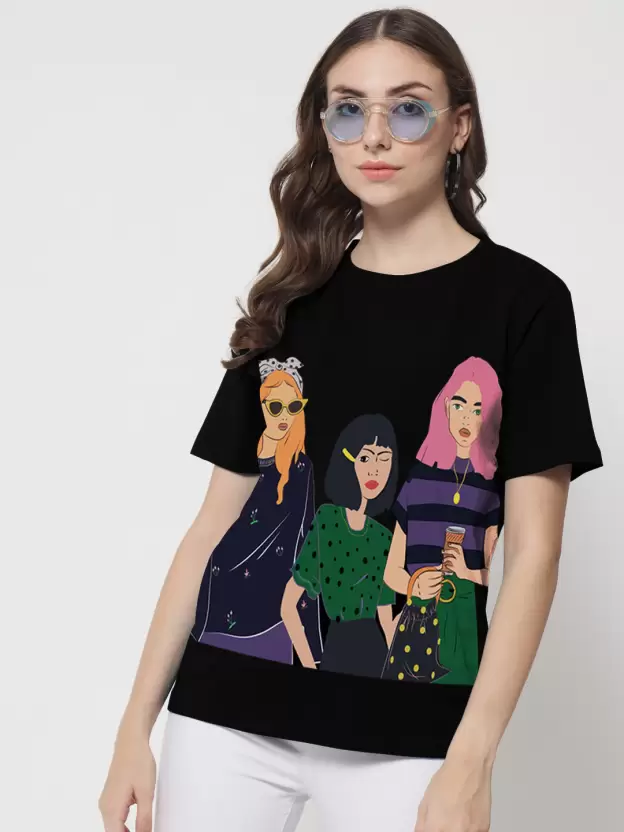 Over Size T Shirt Women Graphic Print Round Neck Light Blue T-Shirt - Image 2